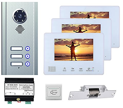 Systèmes d'interphone vidéo à 2 Fils pour 3 Appartements et Bus Kit 7 Pouces pour Serrure de Porte électronique Vision Nocturne à Domicile