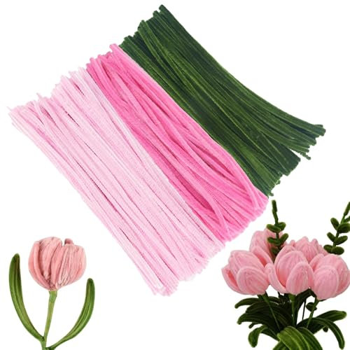 300 Stück Pfeifenputzer zum Basteln, Blumenstrauß Reinigungssatz mit 3 Farben (Rosa/Grün/Hellrosa) – Perfekt für Hochzeits-DIY, Künstliche Blumen & Bastelprojekte
