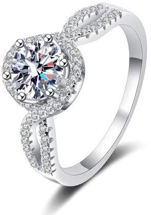 Ring Weissgold Damen Verlobung 18K, Zeigefinger Ring Hohl Rund mit 1 Karat Laborgewachsener Diamant Größe 60 (19.1)