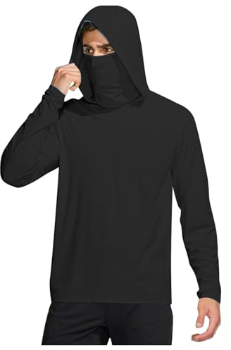 Mrat UPF 50+ Sweat à capuche à manches longues pour homme avec masque de protection solaire, chemise de pêche, cache-cou, sweat à capuche, léger, respirant, séchage rapide, t-shirt élastique en plein