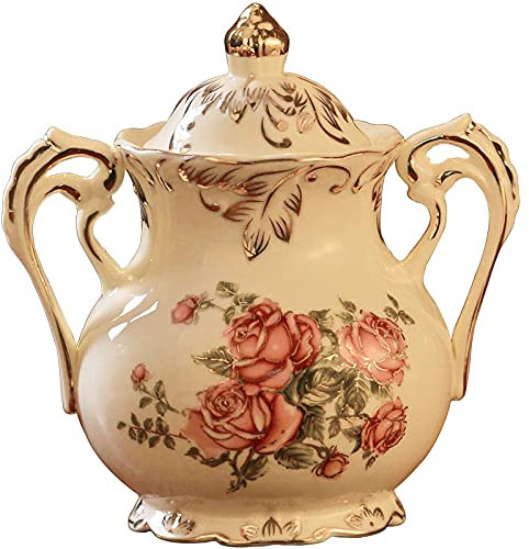ZONSHJDKR Sucrier Sucrier à motifs floraux rouges avec couvercle, pot à sucre vintage en céramique, pot à épices, boîte d'assaisonnement, 340 ml