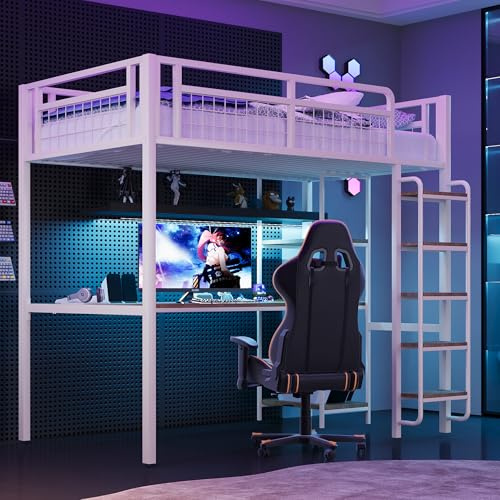 Wyibwy Letto a soppalco 90x200 con scaletta di sicurezza con gradini,metallo letto a castello singolo con tavolo e ripiano,recinzione di sicurezza in rete,ferro struttura letto per adolescenti,bianco