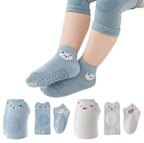 JUGUTA 4 Paar Knieschoner Baby Krabbeln Set, Krabbelsocken Baby Geeignet Für Männliche Und Weibliche Säuglinge, Krabbelhilfe Für Babys Kann Krabbelhilfe Sicher, Rutschfeste Elastische Mit Gummipunkten