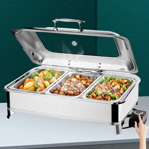 Aocay 9L Chafing Dish Electrique, Chauffe-Plats Buffet Électrique en Acier Inoxydable, Professionnels Buffet Chauffant Électrique pour Restaurants et Hôtels, Température Réglable(A,1/3 Pan)