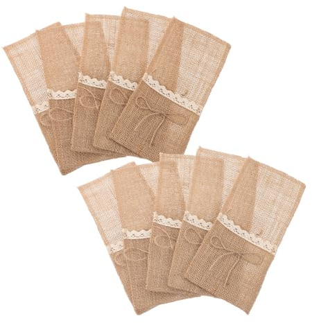 TOBBOMEY 10 Pièces Sacs Toile de Jute avec Dentelle pour Couverts Pochette Rangement Décoration Table pour Mariage Fête Anniversaire Noël