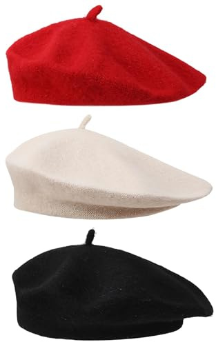 JazRvr 3 Stück Baskenmütze Klassisch Plain Französischer Stil, Baskenmütze Einfarbig, Flauschige Baskenmützen in Schwarz, Beige und Rot, Künstler Mütze Franzosen Mütze Barrett