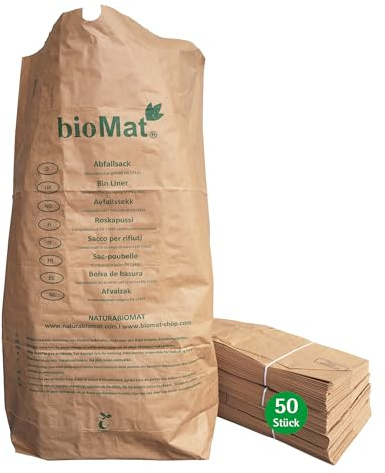 bioMat Kompostierbare Papiersäcke 120l aus Kraftpapier, 50 Papiertüten für Biotonne, 1-lagig, Reißfest, Nassfest, Braun