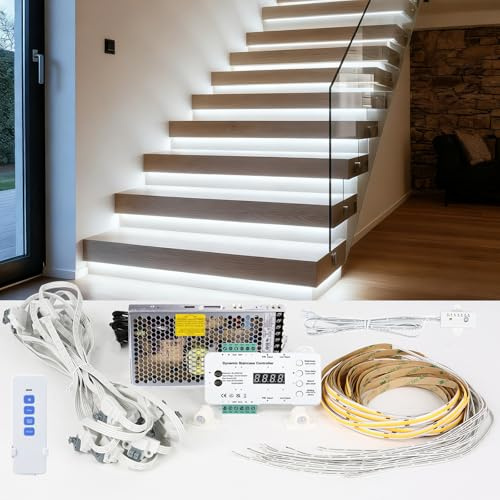 XLSBZ LED-Treppenstufenbeleuchtung mit Bewegungsmelder & Tageslichtsensor,100cm Zuschneidbarer LED-Lichtstreifen für Innentreppen 16 Stufen Treppenlicht