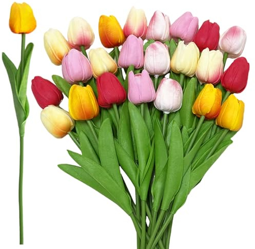 DBAATTZ Künstliche Blumen, 24 Stück Tulpen Künstliche Blumen, PU Real Touch Künstliche Tulpen, Real Touch Gefälschte Blumensträuße, für Garten Party Hochzeit, Zuhause Hochzeitsarrangement (6 Farben)