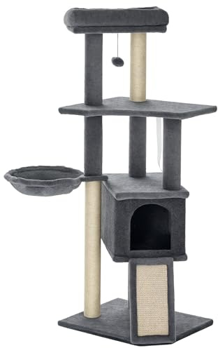PawHut Árbol Rascador para Gatos 127 cm con Cueva, Hamaca y Cama Gris | Torre para Gatos, Plataformas, Rampa de Sisal, Bola Suspendida