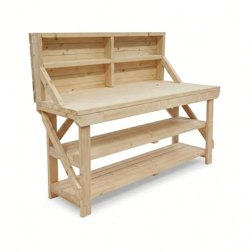 Arbor Garden Solutions 8ft ACORN Solid Timber Workbench with Back Panel and Double Shelf - Kiln-Dried Heavy Duty Static Work Table (240cm)