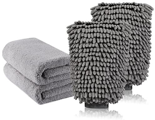 TAGVO Grand gant de lavage de voiture et chiffon de nettoyage en microfibre - Chiffons de polissage en chenille corail de luxe parfaits pour la cuisine - Lavage de voiture et couleur (2 chiffons + 2