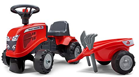 Falk Massey Ferguson traktorbärare med släpvagn - från 12 månader - tillverkad i Frankrike - spade och kratta ingår - 2 anpassningsstilar - anpassningsbar registreringsskylt - 241C