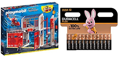 Playmobil - Caserne de Pompiers avec Hélicoptère - 9462 + Piles alcalines AAA Duracell Plus, 1.5V LR03 MN2400, Paquet de 12