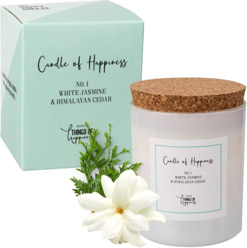 Duftkerze Jasmin Zedernholz | Kerze im Glas weiss mit Korkdeckel und Geschenkverpackung | Vegane Sojawachs Kerze | Geschenk Weihnachten Frau | Grosse Kerze 230g Brenndauer 50h