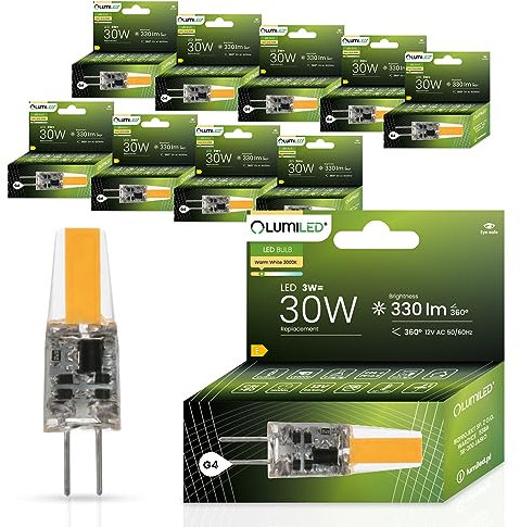 Lumiled LED Lampen G4 10er Set Leuchtmittel 3W (ersetzt 30W Glühlampe) 3000K Warmweiß 330lm 360° Lichtwinkel 12V AC/DC Mini Glühbirnen kleine Birne Energiesparende kein Flackern COB