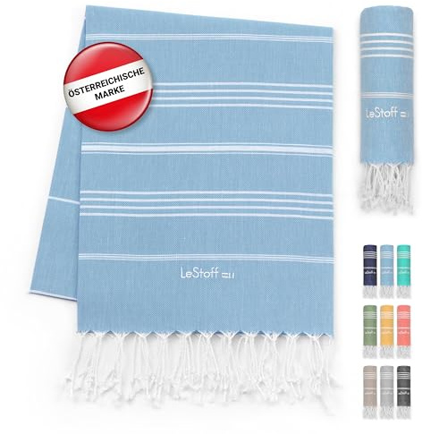 LeStoff XXL Hamamtuch Picknickdecke, Bio-Baumwolle, 200x200 cm, Hellblau | Liegetuch für Strand, Yoga, Camping und Reise – sandfrei, vorgewaschen, nachhaltig, leicht, saugstark und schnelltrocknend