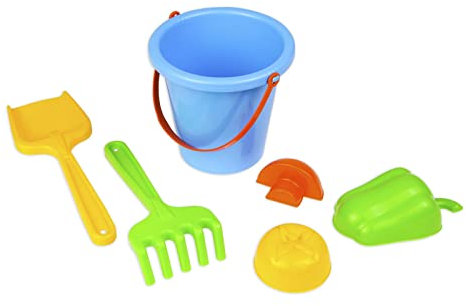Lena 05417 Happy Sandset, Strandspielzeug 6-teilig, Sandgarnitur mit Eimer mit Henkel, Mehlschaufel, Rechen und 3 Gemüse-Förmchen, Sandspielzeug für Kinder ab 12 Monaten