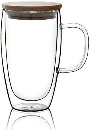 Dubbla muromgärdade glas Muggar, glas kaffe Muggar med bambu lock, dubbel vägg isolerade klart glas Muggar med handtag för te mjölk latte Cappuccino Espresso Latte Macchiato,450ml