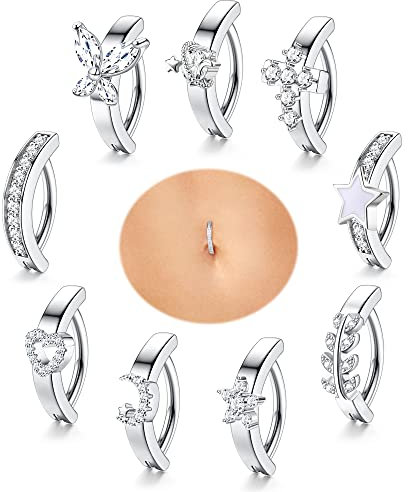 Kakonia 9Pcs 14G Clicker Anneau De Nombril Acier Chirurgical pour Femmes Anneau de Nombril CZ Coeur Papillon Nombril Piercing Simple Inverse Anneau de Barbell Nombril Corps Piercing Bijoux