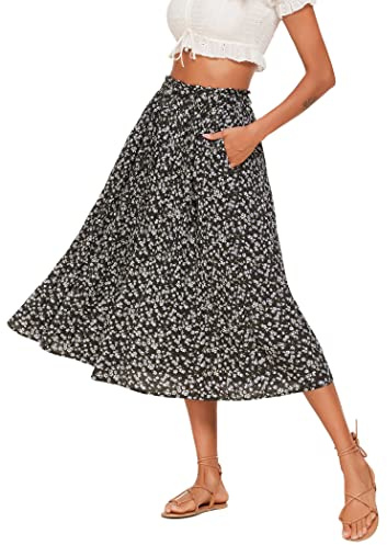 Parabler Femme Midi Jupe Mousseline Rétro Jupes Taille Élastique Plisséejupe Printemps Été Élégante avec Poche Fleur Blanche S
