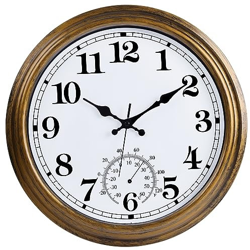 QWARVEL 40,6 cm große Wanduhr für den Außenbereich, Retro wasserdichte Innen-/Außenuhr, nicht tickende Uhr mit Thermometer, batteriebetriebene Wanduhr für Terrasse, Garten, Pool - Bronze