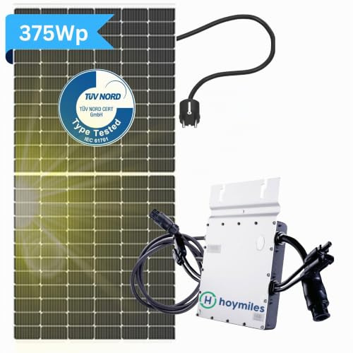 Balkon Solaranlage 300w komplett - Hoymiles Balkonkraftwerk 300w komplett Steckdose - Balkonkraftwerk Set mit 1x Solarpanel 375W I Wechselrichter 300W Hoymiles HO HM-300 I 3m Schuko