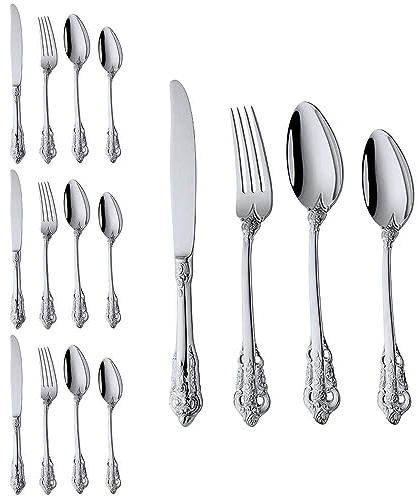 Cubertería de acero inoxidable barroco de 16 piezas para 4 personas con cuchillo, tenedor, cuchara, cuchara, cuchara, estilo antiguo real, apto para lavavajillas