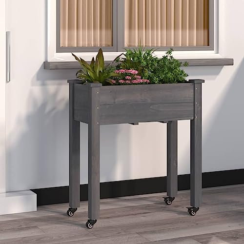Blumenwanne Pflanztisch Balkonschrank Pflanzkübel Blumenkübel Hochbeete für Garten Pflanzkübel mit Einsatz und Rollen Grau 71x37x80 cm Tannenholz Geeignet für Gartenbalkone im Freien