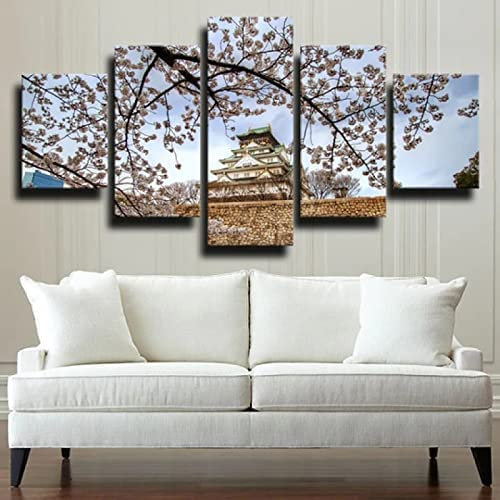 5 Stück Leinwand Wandkunst Kirschbäume Im Retro-Gebäude (Mit Rahmen 150 X 80 Cm) Poster Bilder Modulare Malerei Wanddekoration Artwork Wallpaper Wandbild Für Wohnzimmer Büro Home Decoration -2C7J+Q3