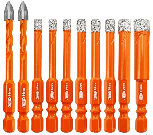 BGTEC Dry Diamond Drill Bits 10PCS Ø 5-10MM Tile Drill Bits | Diamond Tip & Carbide Tip, for Granite, Marble, Porcelain, Ceramic, Dry & Wet Drilling