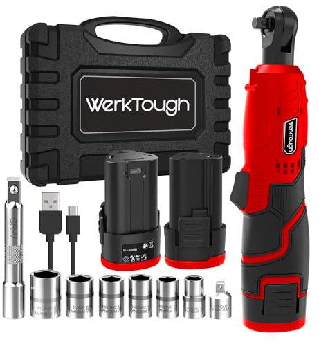 werktough Power Cordless Ratchet Wrench 3/8 Tool Kit with 2 Pack Li-ion Batteries with 6 Sockets, Extension Bar and 1 Type C USB Cable Red