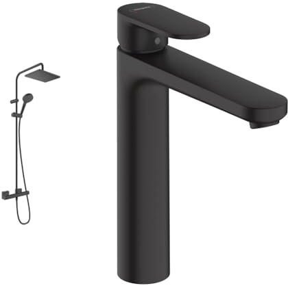 hansgrohe Vernis Shape - Colonne de douche avec mitigeur thermostatique, douche pluie avec robinet & Vernis Blend Mitigeur de lavabo 190 sans tirette ni vidage, noir mat, 71582670
