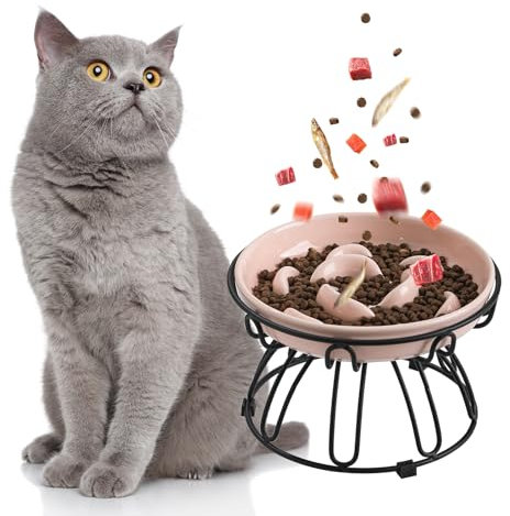 Anti Schling Napf Katzen Erhöht - Antischlingnapf Katze aus Keramik mit rutschfestem Metallständer - Pastellserie Katzennapf Langsam Fütterung - Interaktiver Labyrinth Futternapf Katze - Hellrosa