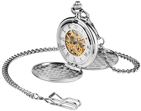 CAFIEDR Taschenuhr im Retro-Stil, doppelseitig, römische Ziffern, Glatte Rückseite, mechanische Taschenuhr mit Anhänger für Herren und Damen mit Kettenuhren (Silber)