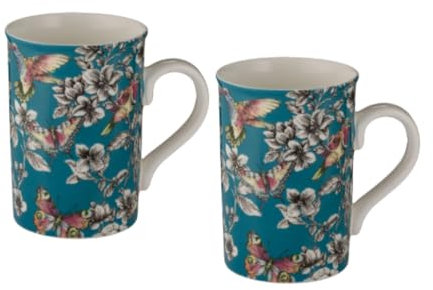 2 x Retro Vintage Style Fine China Tea/Coffee/Hot Chocolate Mugs/Cups - Butterfly Garden Design – Teal Green Blue/Pink/White - 300 ml - 10.5 cm