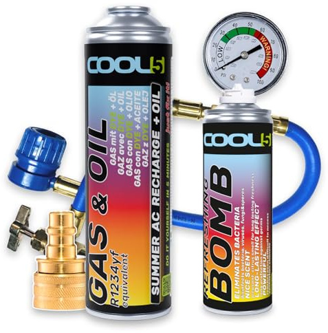 Cool5 Summer AC Recharge + Öl KIT - Klimaanlagen-Reparaturset - Kältemittel-Gas-Ersatz mit Öl (R1234yf Gas-Ersatz) mit Messschlauch + Adapter YF - für Autos ab Baujahr 2017, 290g + Refreshing Bomb