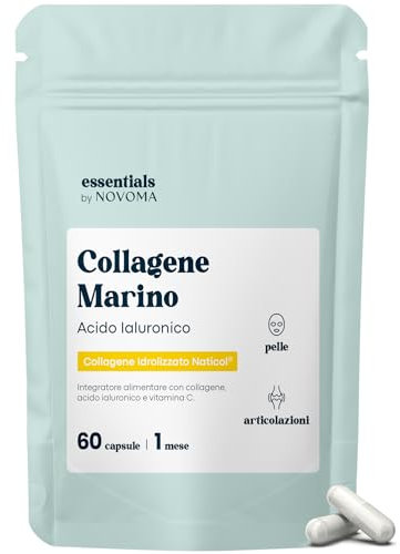Collagene Marino con Acido Ialuronico, Pelle Idratata e Articolazioni Forti, Fornitura di 1 mese, 60 Capsule, Idrolizzato Tipo 1 e 3 Naticol®, Vitamina C, Essentials by Novoma