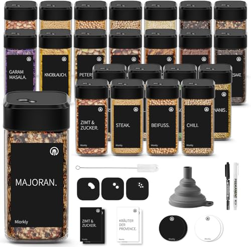 Miorkly Gewürzgläser Eckig Set, 24er*120ML Gewürzgläser Schwarz mit Streueinsatz, Gewürzstreuer Glas Gewürzdosen Leer, Gewürzbehälter, Spice Jars, Aufbewahrung Gewürz Organizer Gewurzglaserset