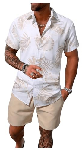 GORGLITTER Men's Shorts and T Shirt Sets Holiday Outfits Tracksuits | 2 Piece Vacation Summer Outfits, Tropical Button Short Sleeve Shirt Shorts Set, Holiday Clothes, Beige, XL