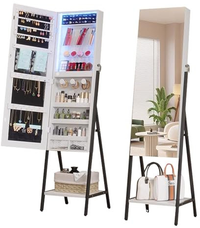 LYXXJRYBHD Armoire à Bijoux avec Miroir sur Pied et Éclairage LED, Rangement Bijoux, Miroir Pleine Longueur avec Rangement pour Bijoux et Cosmétiques(White)