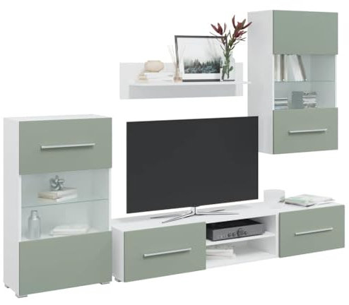 Homgoday Inredning TV-skåp 5 st med LED-belysning olivgrön spånskiva, möbler TV-dörr lågt skåp TV-skåp för vardagsrum industriellt TV-ställ vardagsrum