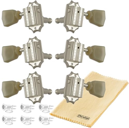Grover 135N Deluxe Vintage Guitar Tuning Machines Tuner Keys Nickel Set 3+3 14:1 Ratio Green Key Keystone Button with Dunlop Polish Cloth Bundle LP Les Paul Style Replacement Upgrade Tuners