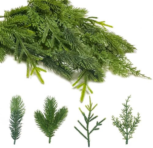 40 Stück Künstliche Tannenzweige zum Basteln, 12 cm Lang Tannenzweige Künstlich wie Echt, 4 Stile Gemischt Künstliche Kiefer Zweige Tannengrün Zweige für DIY Adventskranz Girlande Weihnachtsdeko
