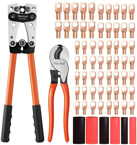 Pliertool Battery Cable Crimper Tool For AWG 10-1/0 Gauge Electrical Lug with 60PCS Copper Wire Lugs, Battery Terminal Connectors with Cable Cutter, Wire Crimping Tool For Heavy Duty Copper Wire Lugs