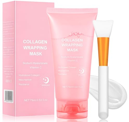 Collagen Night Wrapping Mask 75ml, Mascarilla Facial Peel Off de Colágeno, Hidratación Profunda, Reduce Arrugas y Mejora Elasticidad, Pincel Incluido, Skin Care