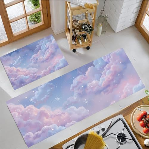 Tappeto Da Cucina Cielo Stellato Acquerello, Viola Chiaro Set Di 2 Tappetini Di Cucina Antiscivolo, Lavabili, Per Corridoio Soggiorno Camera Da Letto Bagno (Mare Di Nuvole Da Sogno, 44X75+44X120Cm)