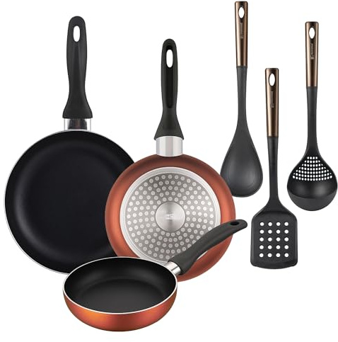 Well Home Set di 3 padelle Ø16Ø20Ø24cm in alluminio pressato in rame metallizzato+ Set di 3 utensili da cucina in PBT nero e rame