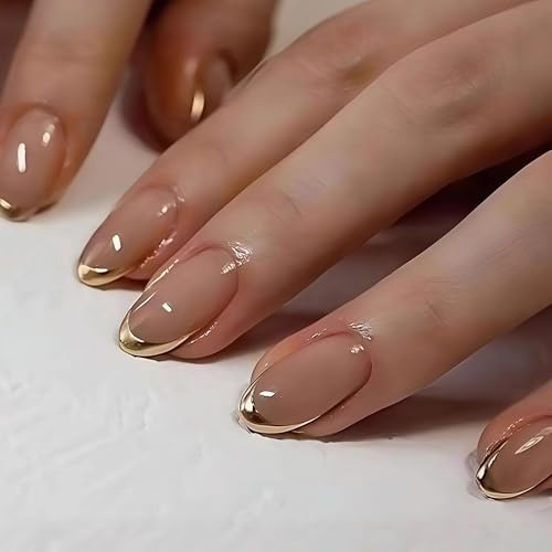 24 adornos de uñas postizas doradas con forma de almendra corta con purpurina dorada, uñas acrílicas para mujeres y niñas, decoración de manicura