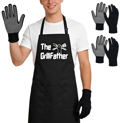 Jokureao Set di 3 divertenti grembiuli da cucina da uomo con guanti, grembiule da barbecue regolabile con tasche, grembiule impermeabile per grigliare, grembiule da cucina resistente, regalo da uomo